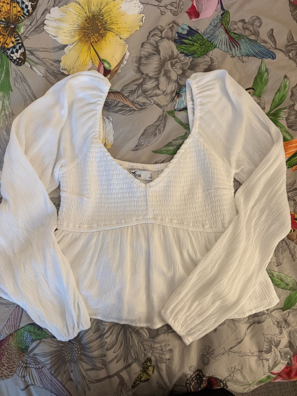 Hollister White Long-Sleeve Smocked Peplum Blouse